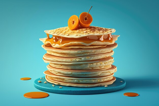 The blue background is topped with a stack of pancakes that have been fried and packed with a mixture of ground pork and carrots Having pancakes for breakfast Close up from the side