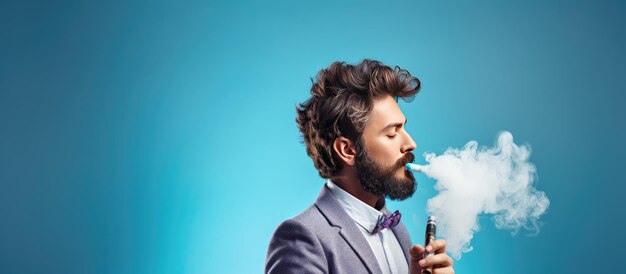 テキストに VAPE デバイス ルームを使用している青い背景の男性