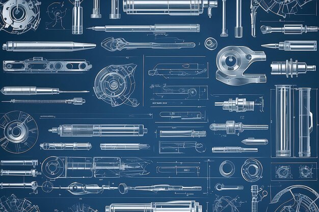 Photo blue background mechanical engineering drawings cutting tools milling cutter technical design