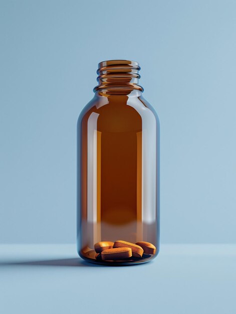 Photo blue background mockup of pill capsules in a bottle