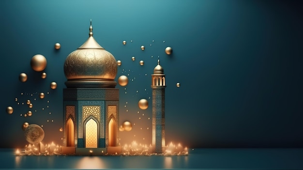 Синий фон мечети украшен золотыми огнями, и мечеть освещена.