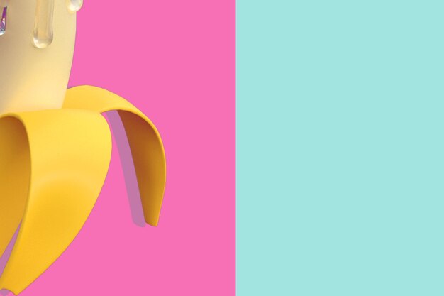 青い背景と黄色のバナナとピンク