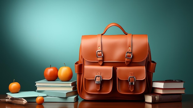 Foto scuola sullo sfondo blu con borsa e accessori