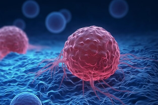 A blue background shows a pink cell with a blue background and the word cancer on it