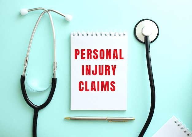 On a blue background a stethoscope and a white notepad with the red words PERSONAL INJURY CLAIMS