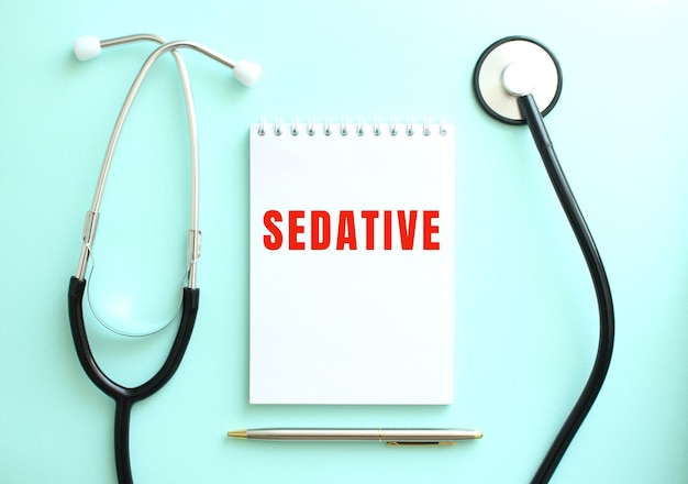 青色の背景に聴診器と SEDATIVE という言葉が書かれた白いメモ帳