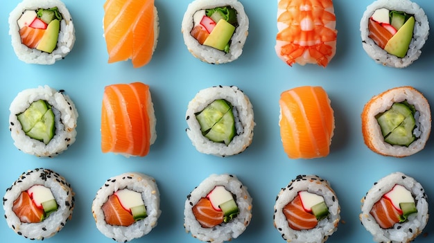 On a blue background a sushi and roll pattern can be seen