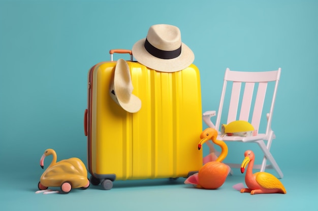 Blue background vacation yellow suitcase summer travel sun concept sunglasses flamingo Generative AI