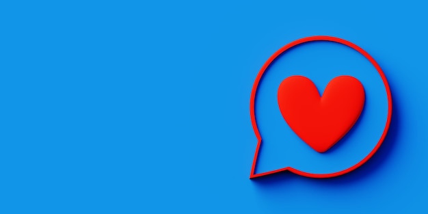 Фото Синий фон с речевым пузырем с красным сердцем, чтобы выразить эмоции любви и с копией пространства