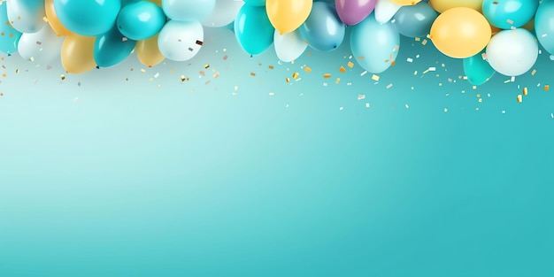 Blue background with balloons and confetti on a blue background