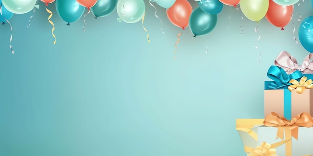 A blue background with balloons and confetti