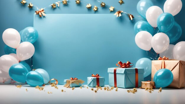 Blue Background with Balloons Gift Box and White Board