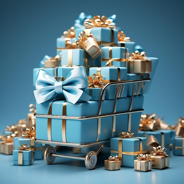 Blue background with blue gift boxes in shopping cart or trolley ecommerce shopping shopping day