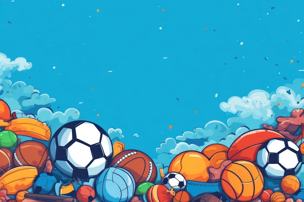 A blue background with a blue sky and a bunch of sports balls.