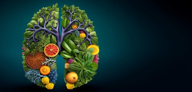 Photo a blue background with a brain shaped like a tree with fruits and vegetables.