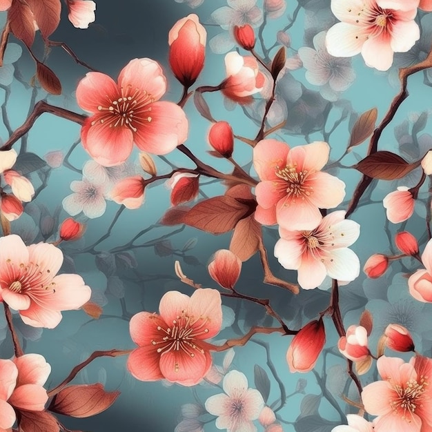 A blue background with a branch of cherry blossoms.