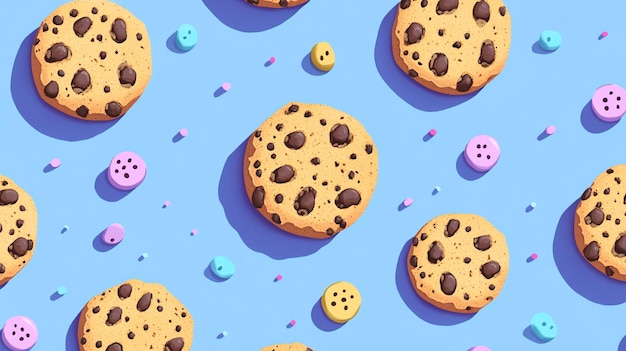 Photo a blue background with a bunch of cookies with chocolate chips and one has a blue background