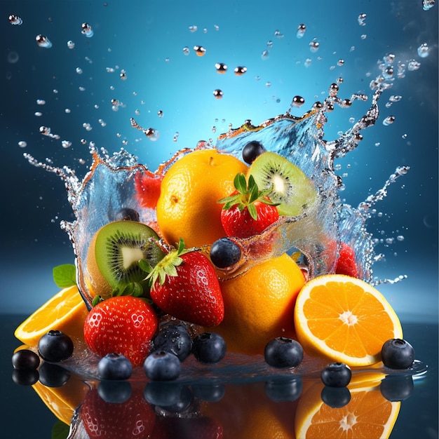 A blue background with a bunch of fruit and water splashing around it.