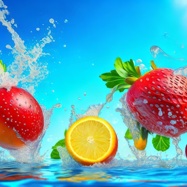 A blue background with a bunch of fruit and water splashing in it.