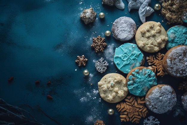 青色の背景にクリスマスのクッキー、雪の結晶