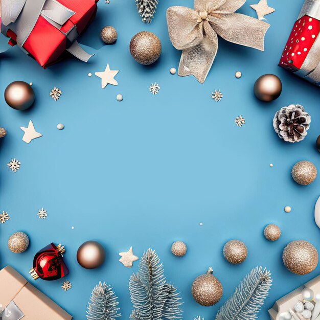 A blue background with a christmas decoration and a red gift box.