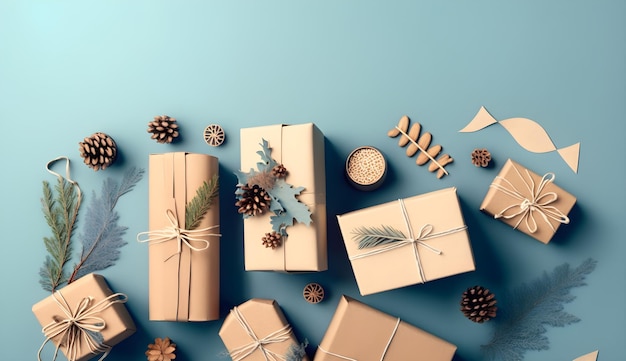 A blue background with christmas presents and a candle on it.