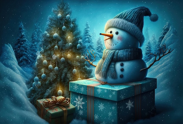 Blue background with Christmas tree snowman and present box