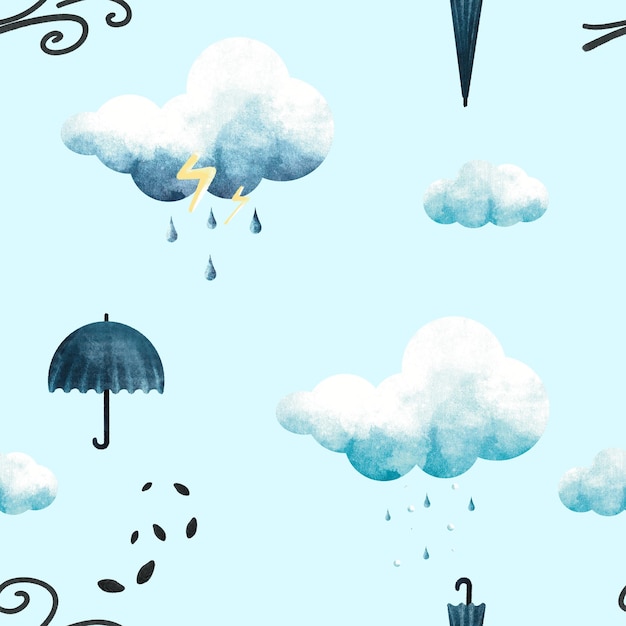 A blue background with clouds and umbrellas and a person holding an umbrella