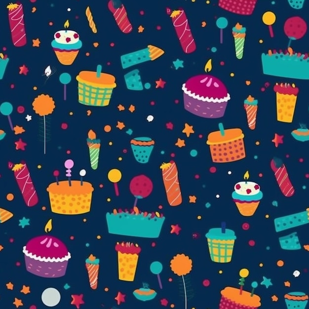 a blue background with colorful birthday items and balloons generative ai