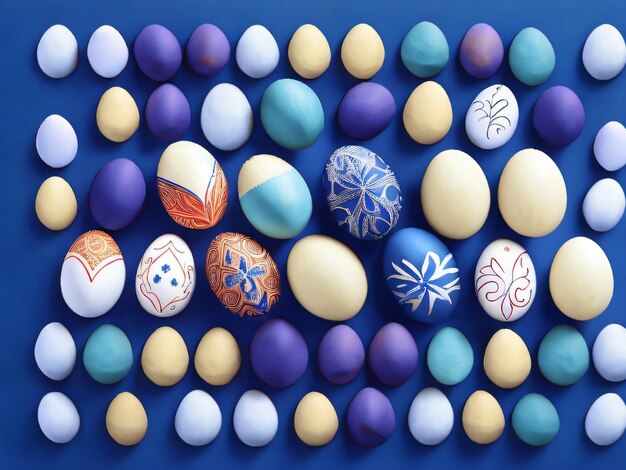 A blue background with colorful easter eggs on it