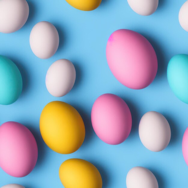 A blue background with colorful eggs on it