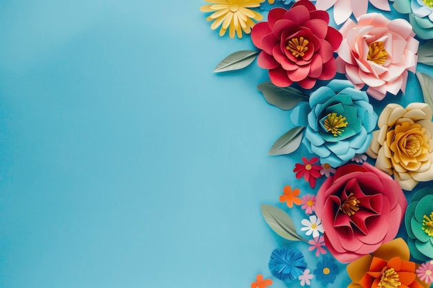 Photo blue background with colorful paper flowers art on the right side