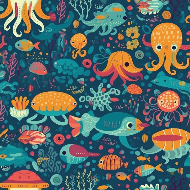 A blue background with colorful sea creatures and fish generative ai