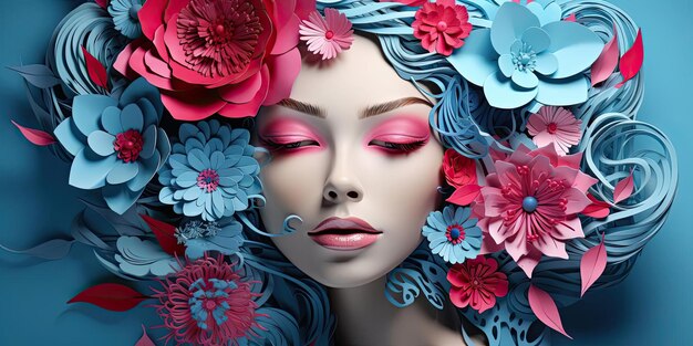 The blue background with colourful flowers around a womans face in the style of paper sculptures