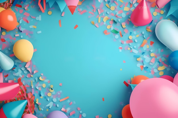 A blue background with confetti and a pink and blue party hat.