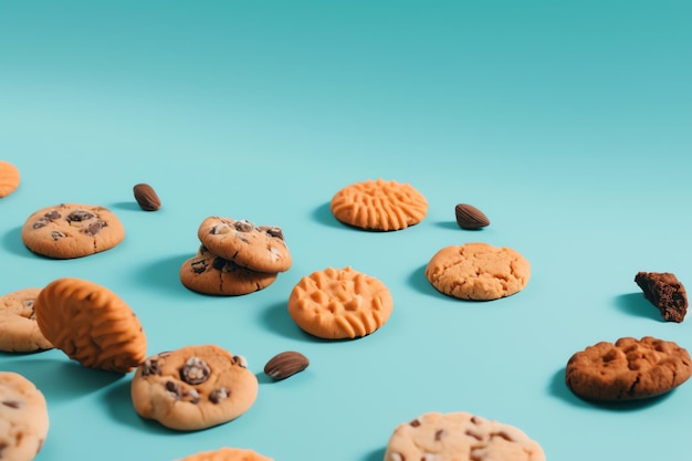 A blue background with cookies and coffee beans on it.