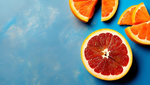 A blue background with a cut up orange and a half of a grapefruit.