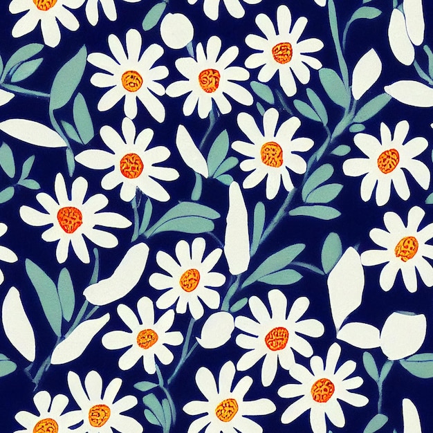 A blue background with daisies and green leaves.