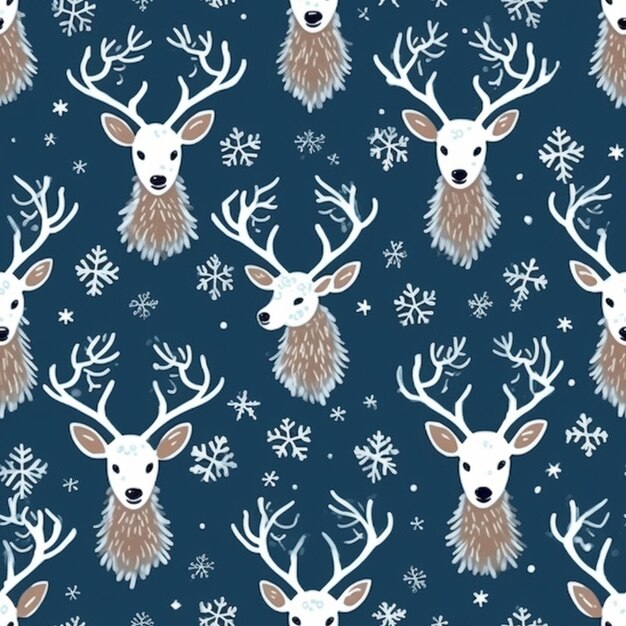 a blue background with deer heads and snowflakes generative ai