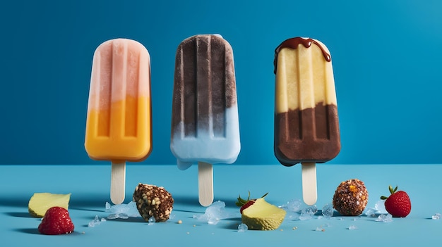 A blue background with different flavors of tasty popsicle ice cream