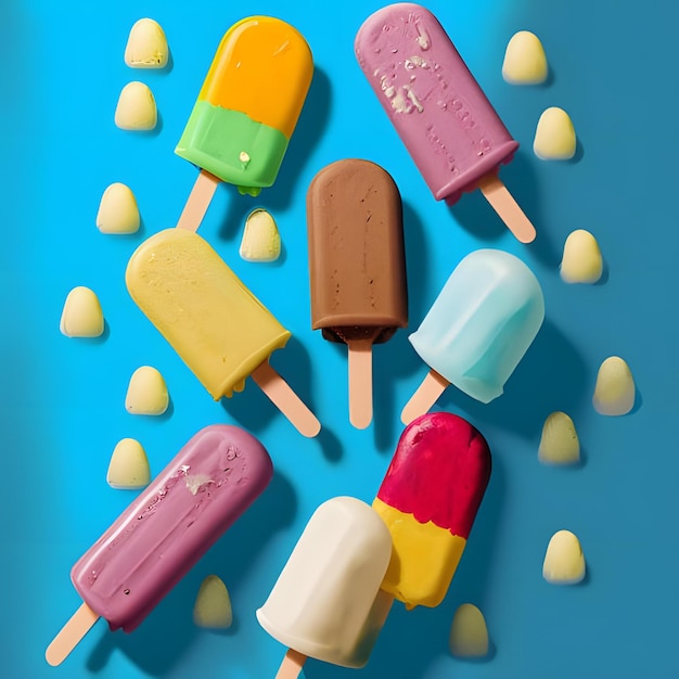 Blue background with different flavors tasty popsicle ice cream