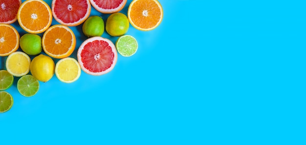 Blue background with different sliced citrus