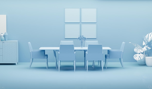 Blue background with dinning table, clock. 3D rendering for web page