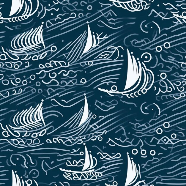 Photo a blue background with a drawing of a sailboat and the waves.