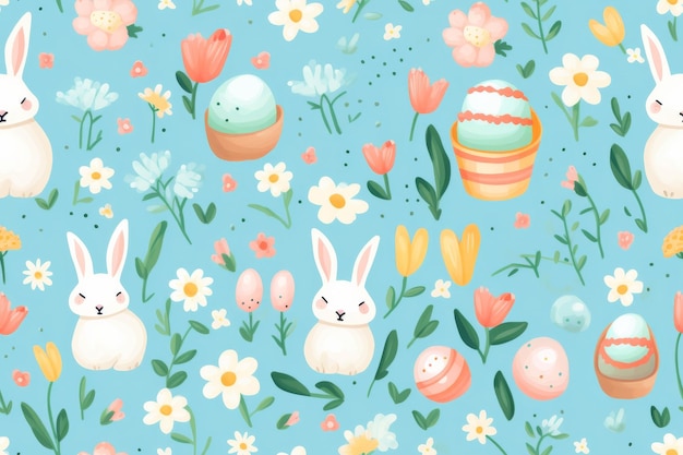 Photo blue background with easter eggs and bunnies