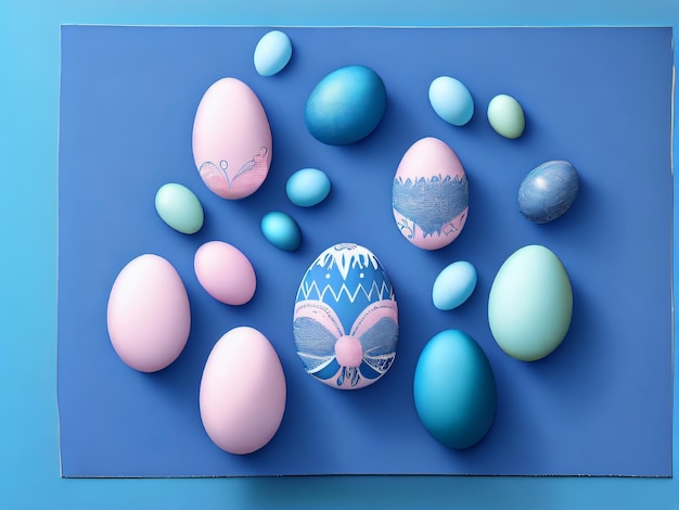 A blue background with easter eggs and a bunny painted on it.