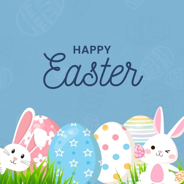 a blue background with easter eggs in the grass