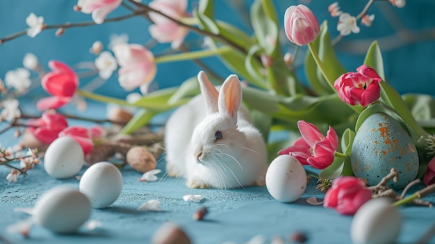 Blue background with easter eggs and tulips