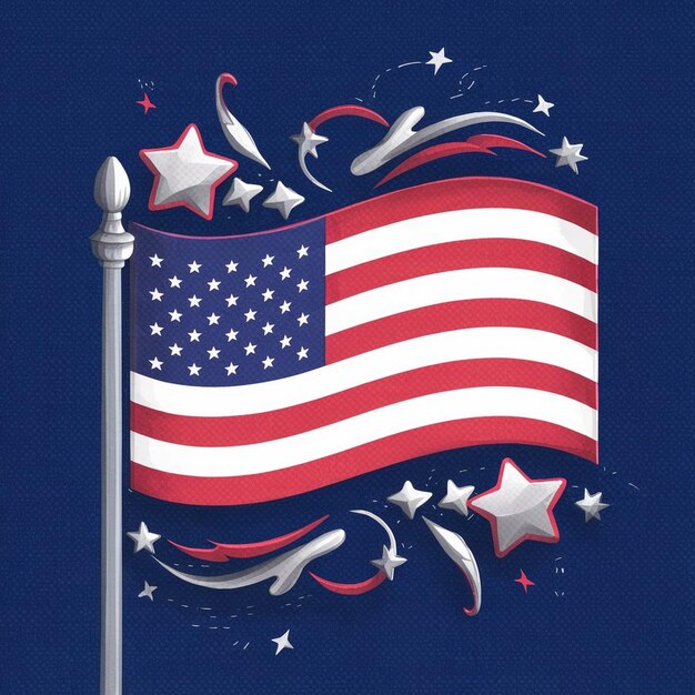 Photo a blue background with a flag and stars and a pole with a flag in the middle