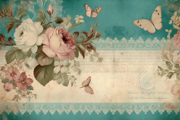 青い背景に花柄のボーダーと蝶が描かれています。